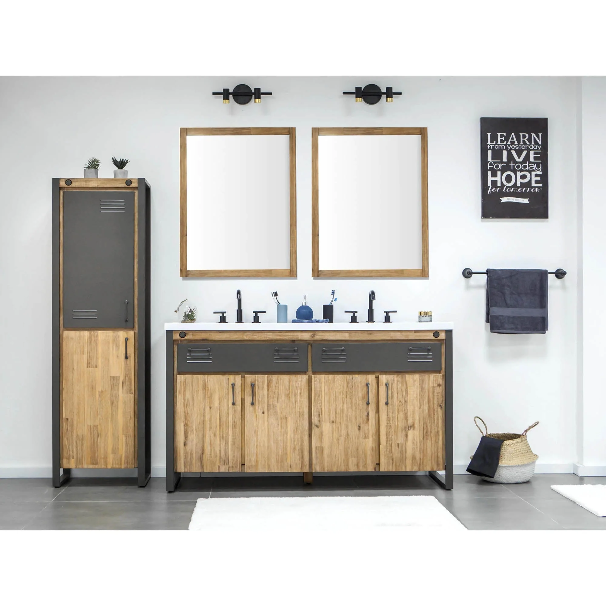 Irondale Vanity W61 in Solid Acacia Wood and Metal with White Basin - Image 2