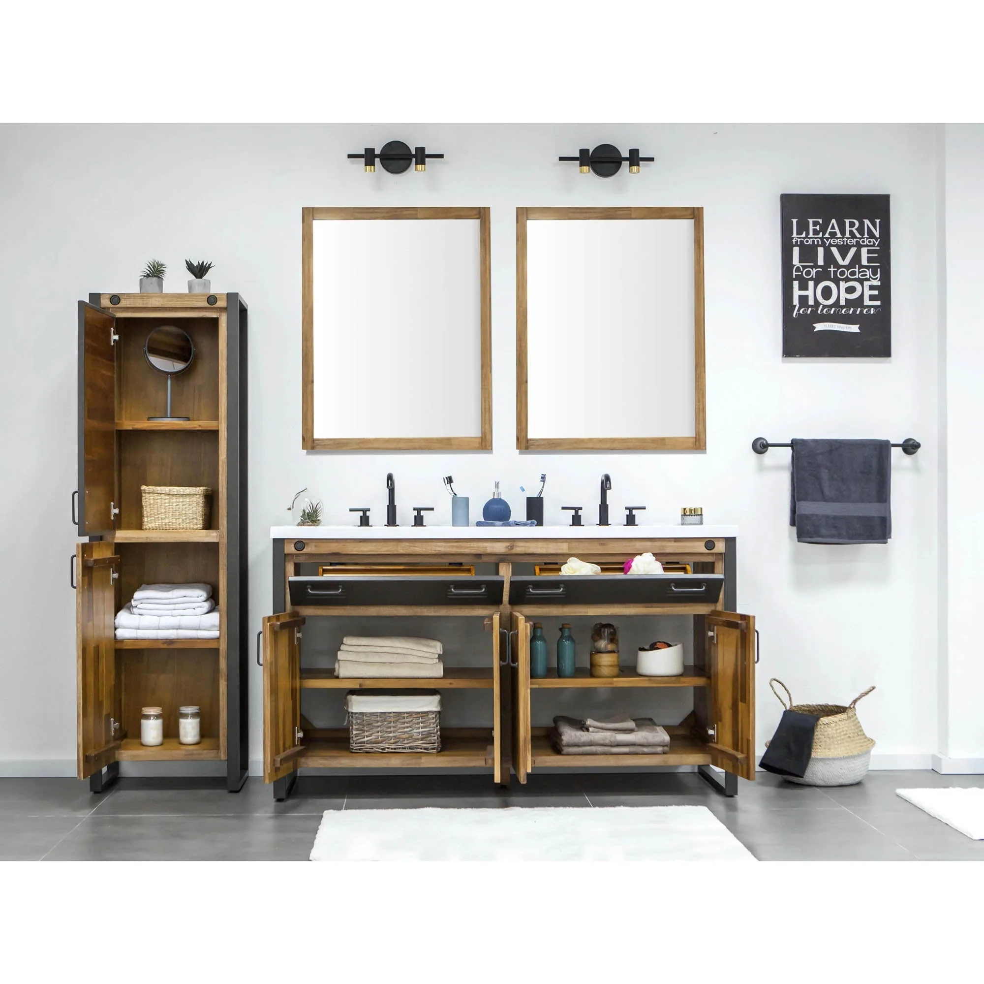 Irondale Vanity W61 in Solid Acacia Wood and Metal with White Basin - Image 3