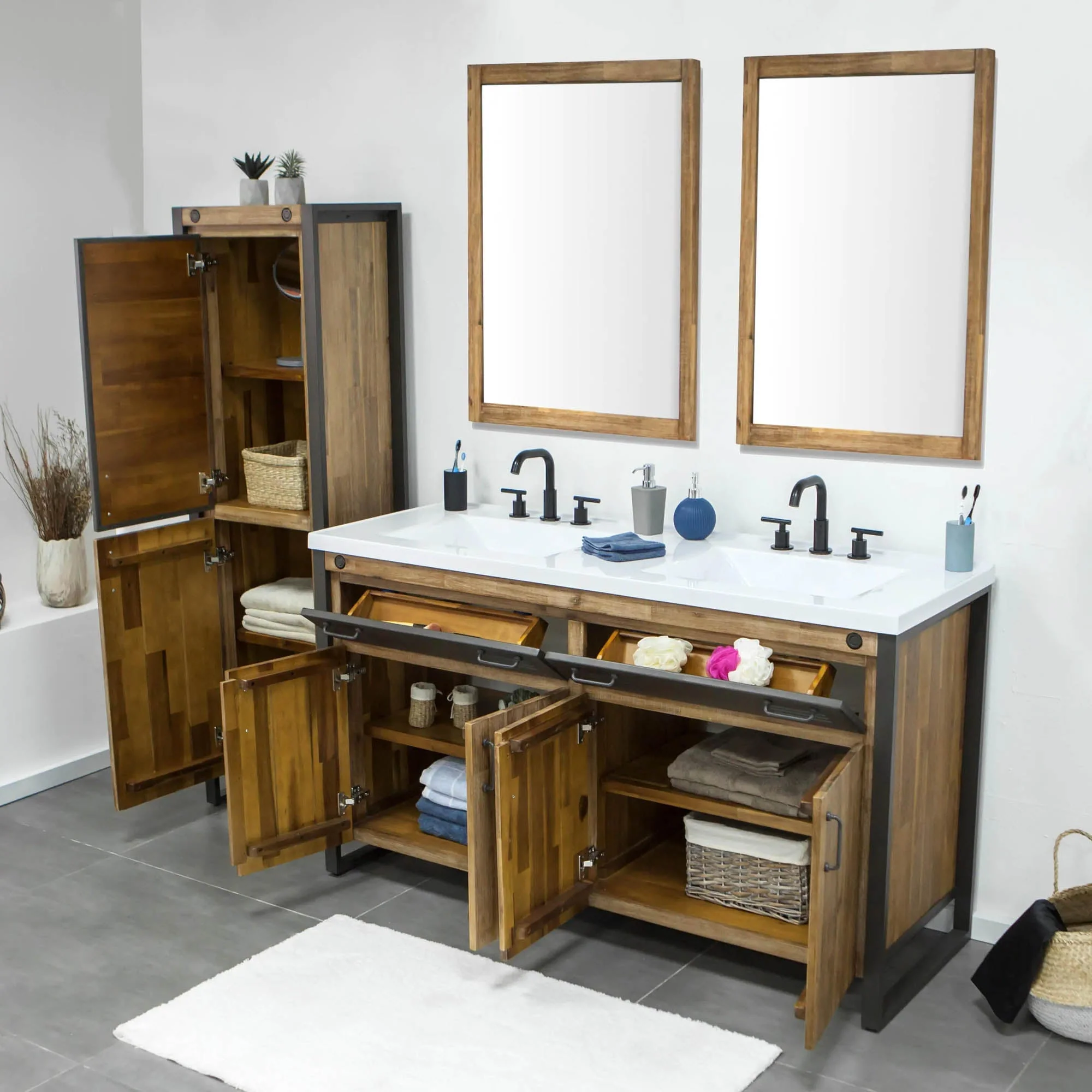 Irondale Vanity W61 in Solid Acacia Wood and Metal with White Basin - Image 4