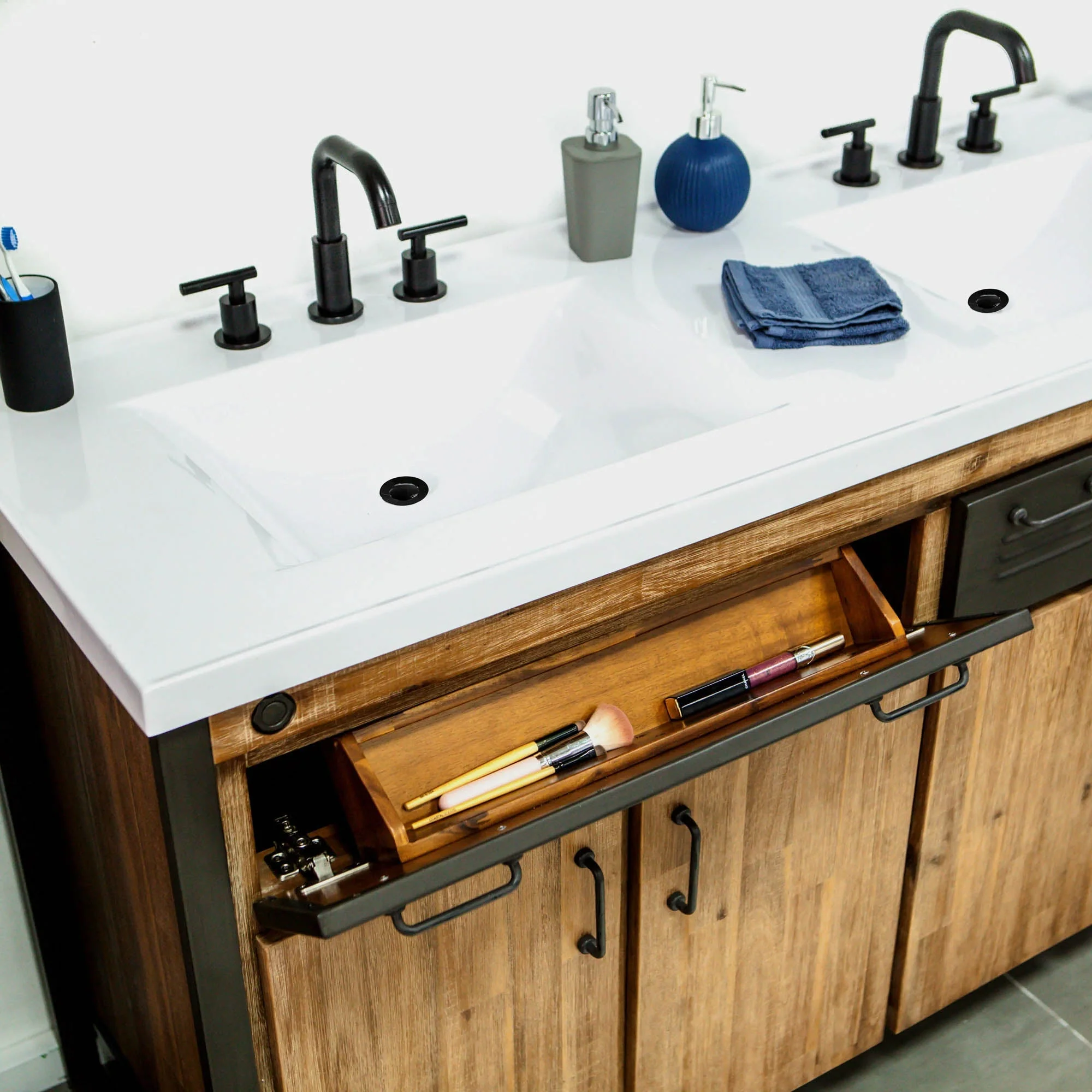 Irondale Vanity W61 in Solid Acacia Wood and Metal with White Basin - Image 5